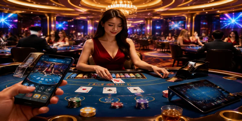 Giao diện sảnh chơi trực tuyến hiện đại với hệ thống bàn cược đa dạng tại casino hi88