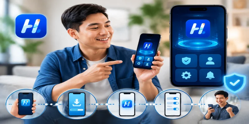 Giao diện trực quan và các bước thiết lập cơ bản khi tải app hi88 trên thiết bị Android và iOS.